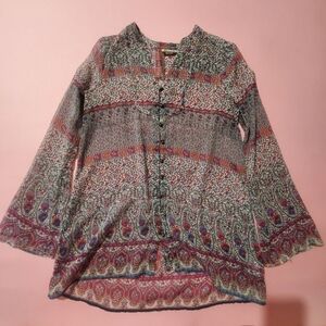 Converse Paisley 1970s Inspired Bohemian Sheer Long Sleeve Top Bell Sleeves
